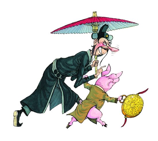 the minister leading the pig with her bag_lo res